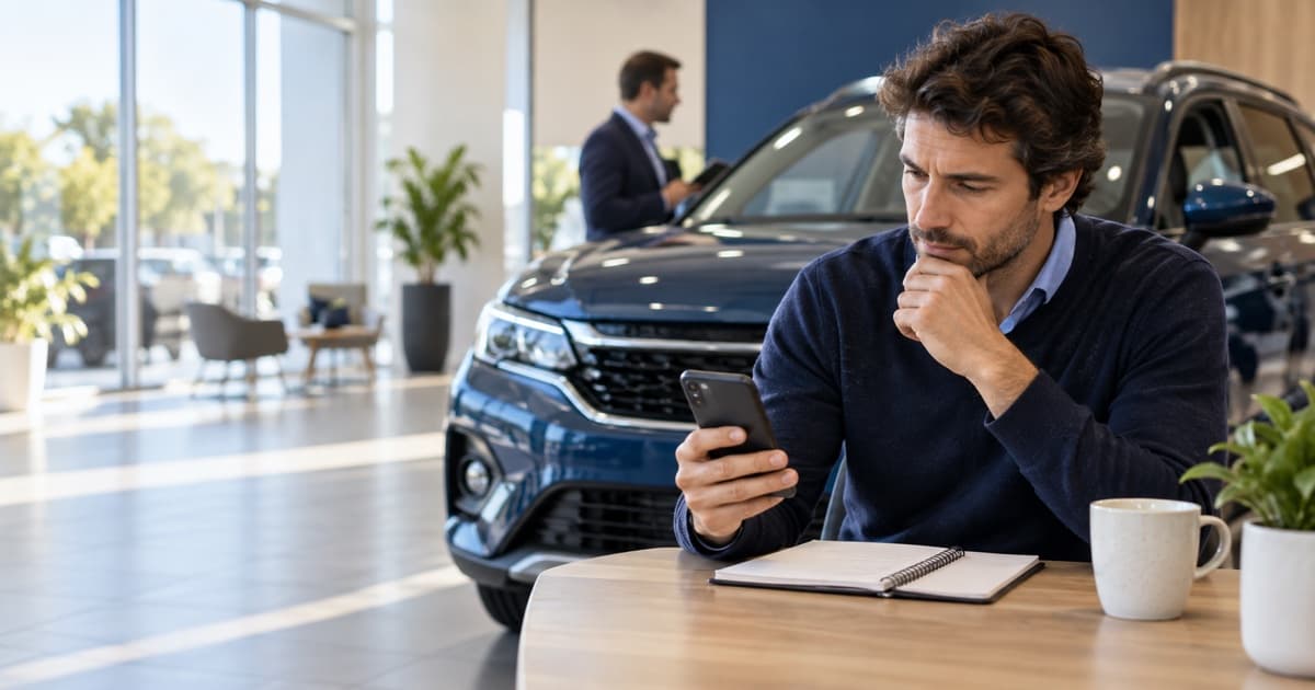 Persona comparando la financiación de un auto en una concesionaria con una propuesta digital del Banco Nación