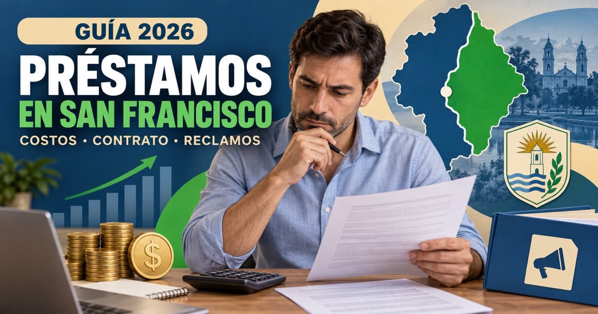 Persona compara préstamos en San Francisco, Córdoba, con contrato, calculadora y mapa regional abstracto.