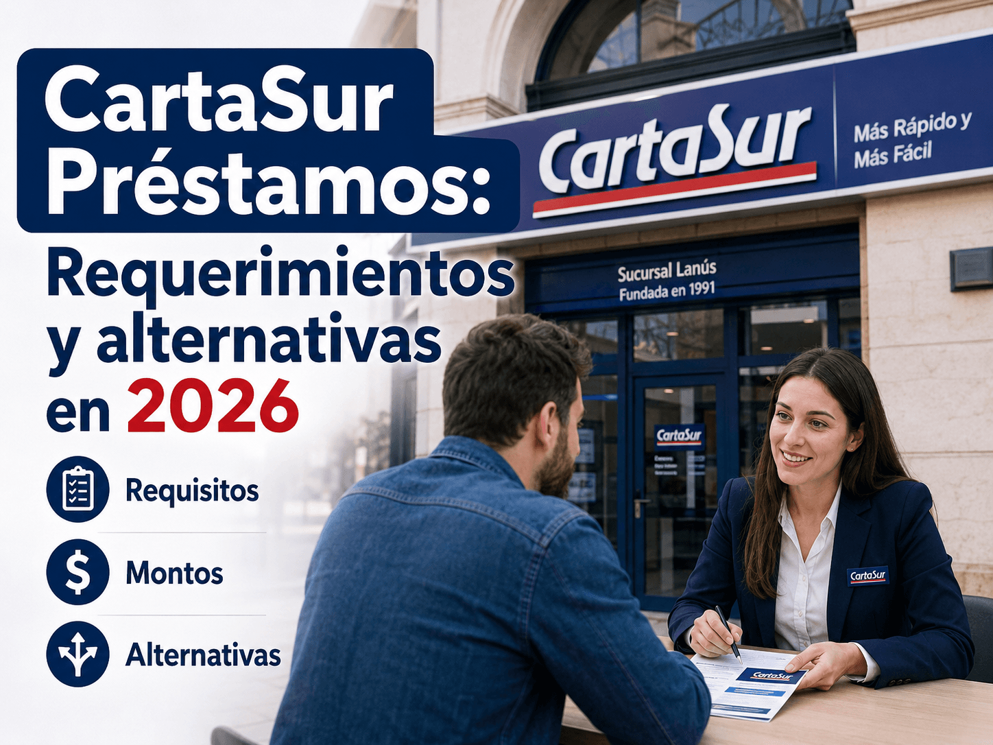 Cliente recibiendo asesoramiento en la sede histórica de Carta Sur en Lanús, con cartelería de la cooperativa visible