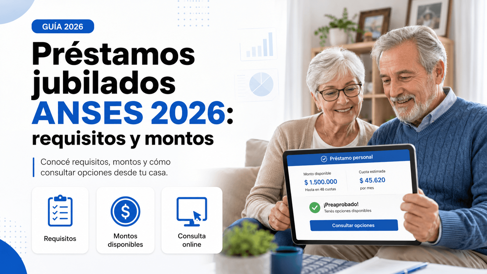 Pareja de jubilados argentinos consultando opciones de préstamo personal en una tablet sentados en la sala de su casa