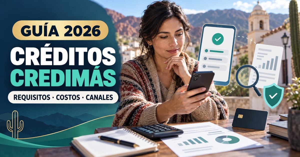Socia verifica una oferta de Credimás con celular, calculadora, lupa, tarjeta neutra y escudo.