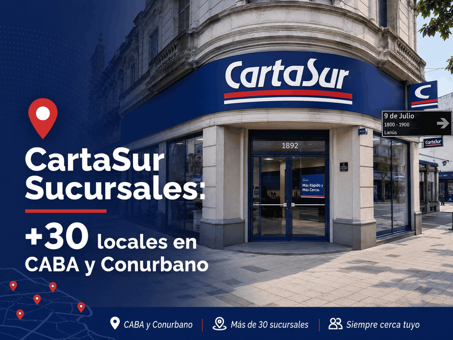 Fachada de la sede histórica de Carta Sur en la calle 9 de Julio, Lanús, con cartel visible de la cooperativa