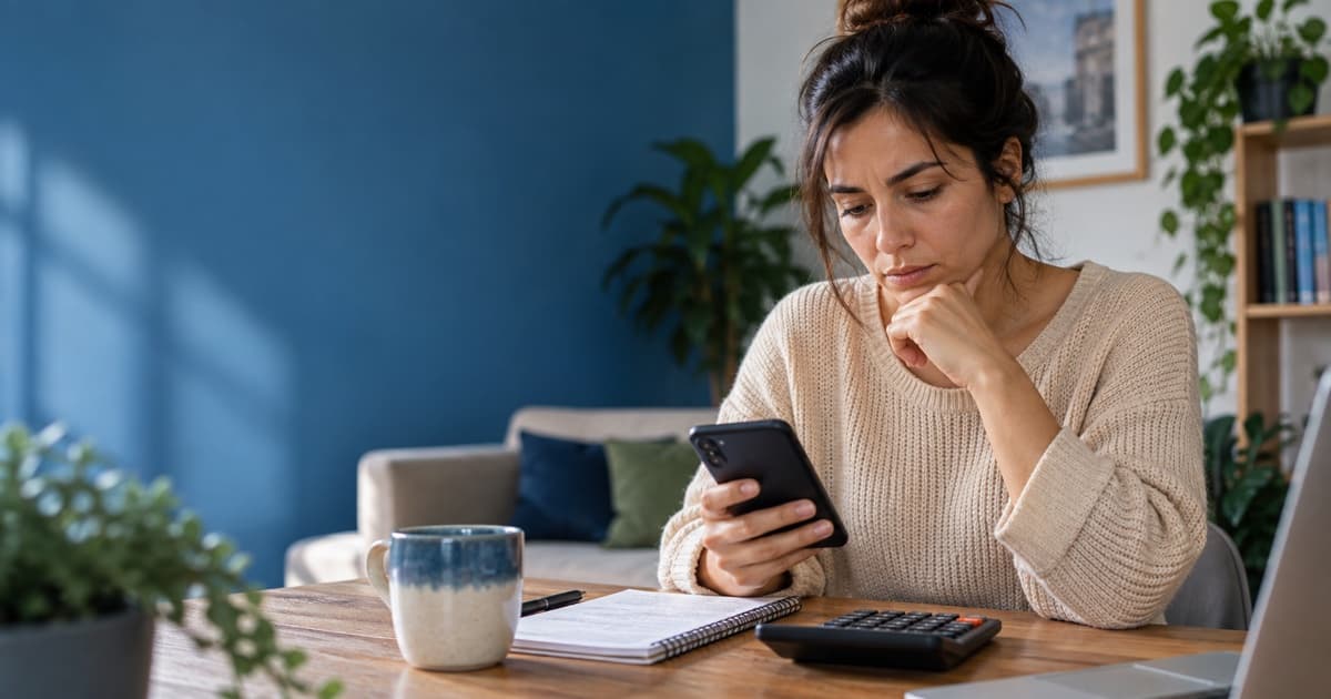 Persona evaluando desde el celular un préstamo online de Pareto con calculadora y presupuesto mensual