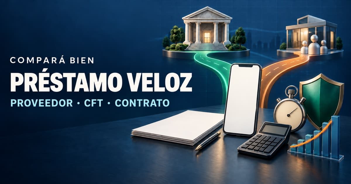 Dos rutas de financiación comparadas con celular, banco, contrato, calculadora y cronómetro