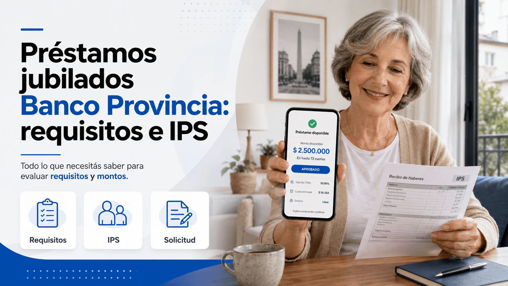 Mujer jubilada en Buenos Aires revisando su recibo de haberes mientras consulta un préstamo personal en su celular