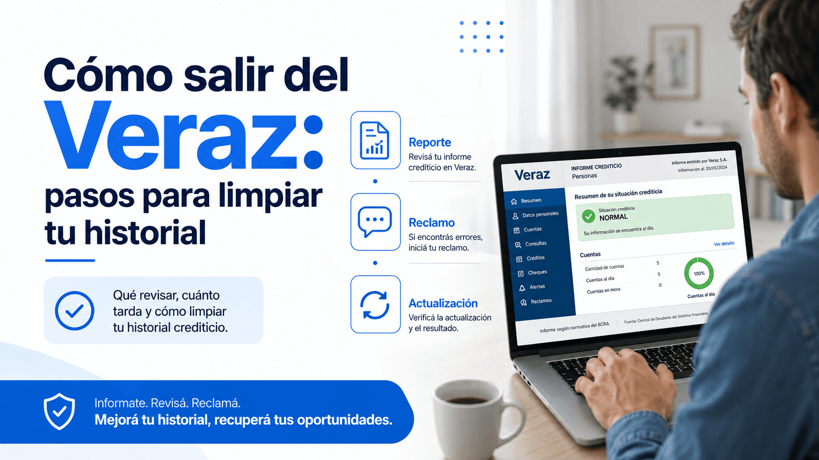 Persona consultando su informe crediticio del BCRA en una computadora con la palabra Veraz visible en pantalla