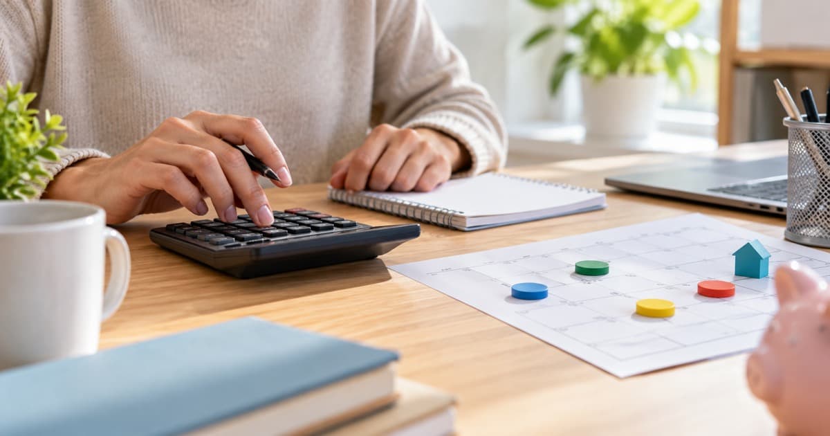 Persona haciendo el cálculo de una cuota de préstamo con calculadora y cronograma mensual
