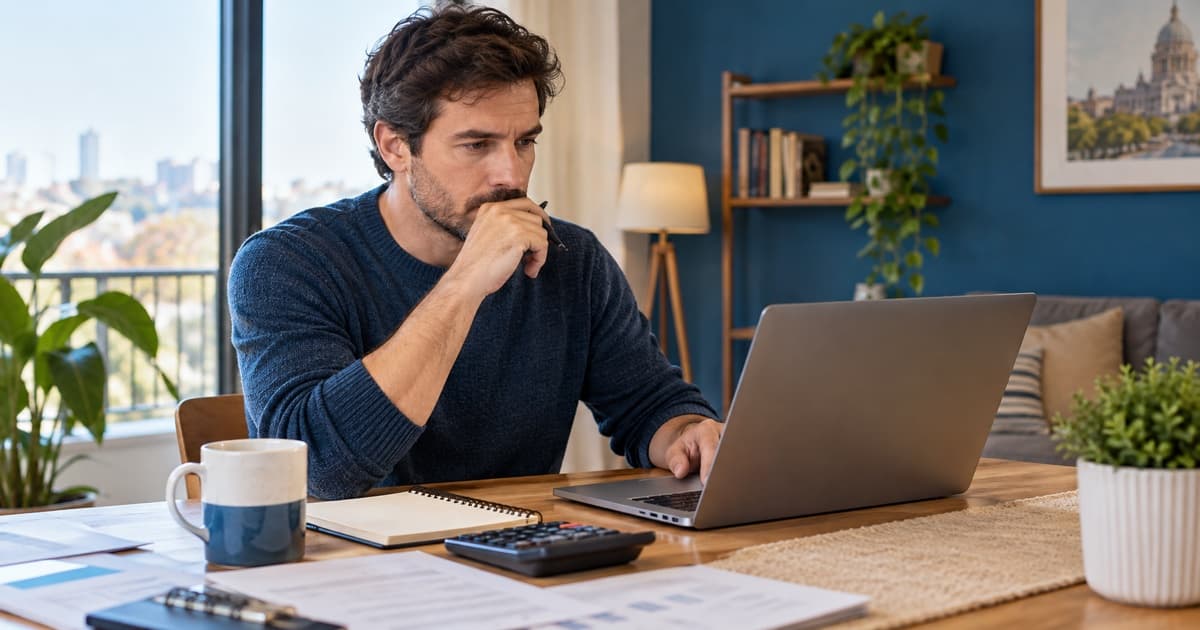 Cliente comparando en una notebook la cuota y el costo total de un préstamo personal BBVA