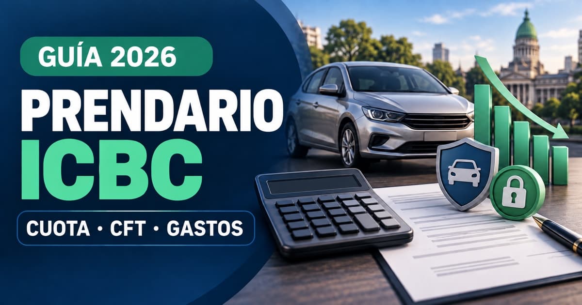 Calculadora, automóvil y gráfico financiero ilustran la simulación de un préstamo prendario ICBC.