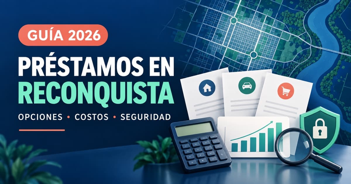 Mapa abstracto de Reconquista junto a contrato, calculadora, gráfico de cuotas y escudo financiero