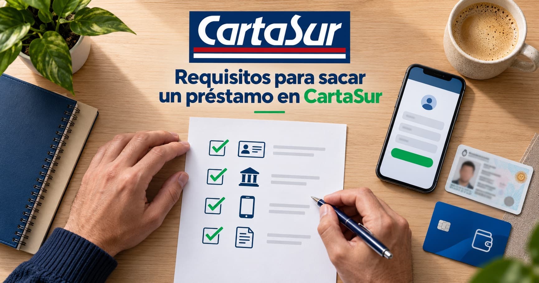 Checklist de requisitos para un préstamo junto a un celular y un documento de identidad genérico