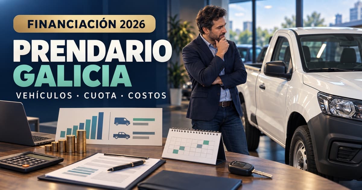 Empresario evalúa un vehículo con calculadora, prenda, documentos y gráficos de financiación.
