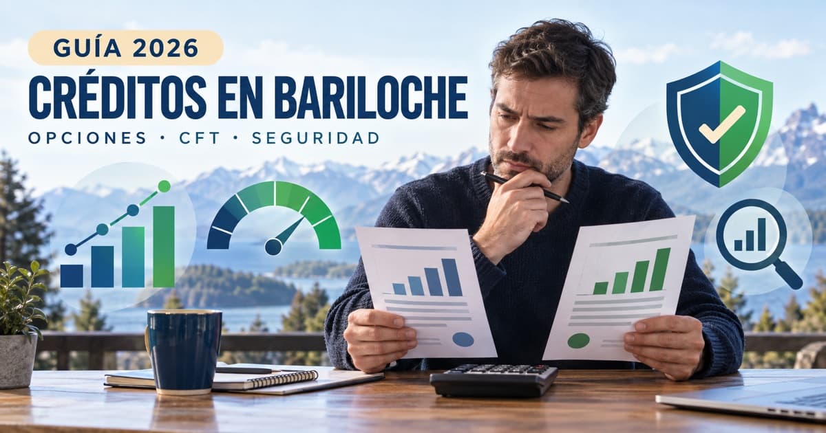 Persona compara cuotas de crédito con paisaje cordillerano de Bariloche y gráficos financieros.