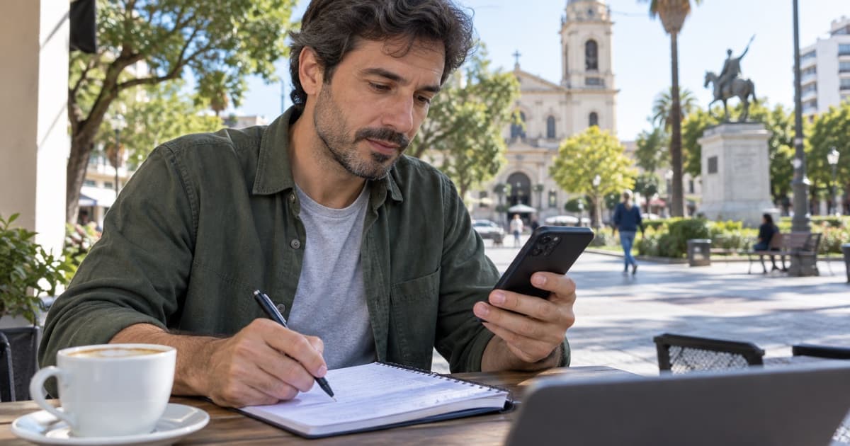 Persona comparando préstamos con un celular en un entorno urbano de Río Cuarto