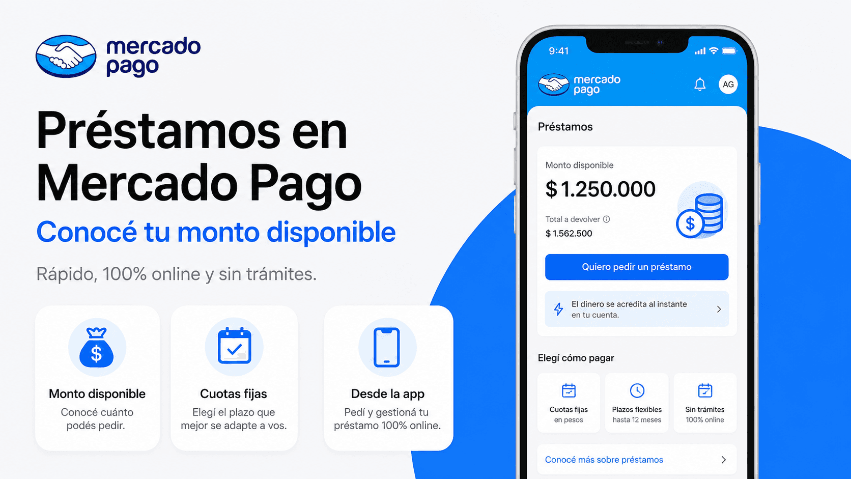 Pantalla de smartphone mostrando la sección de préstamos en la app de Mercado Pago con el monto disponible