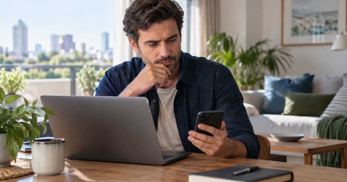 Persona revisando movimientos financieros y alertas de seguridad en una notebook y un celular