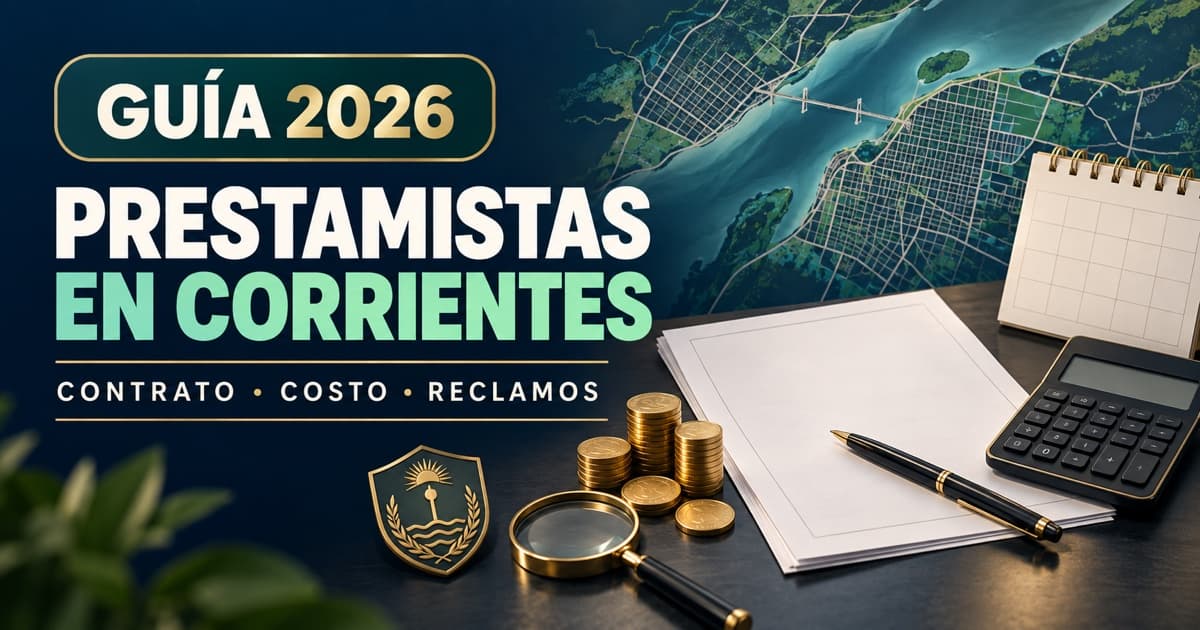 Mesa de análisis con contrato, calculadora, mapa abstracto de Corrientes y escudo de protección financiera