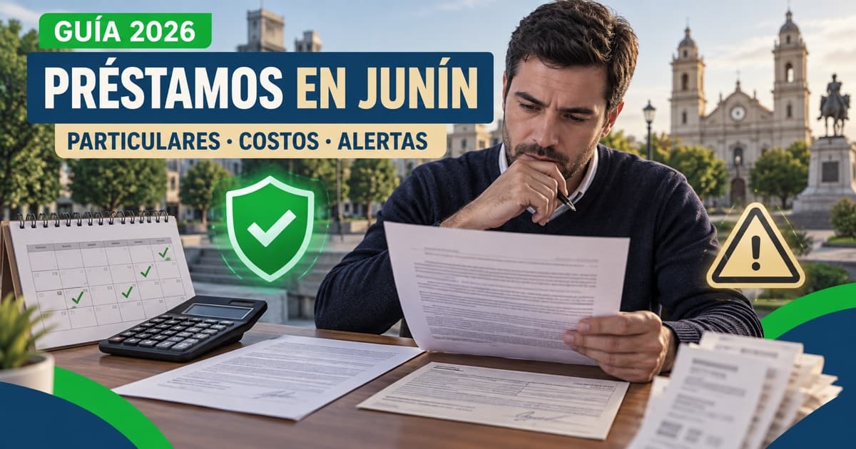 Persona revisa un préstamo particular en Junín con pagaré completo, calculadora y comprobantes de pago.