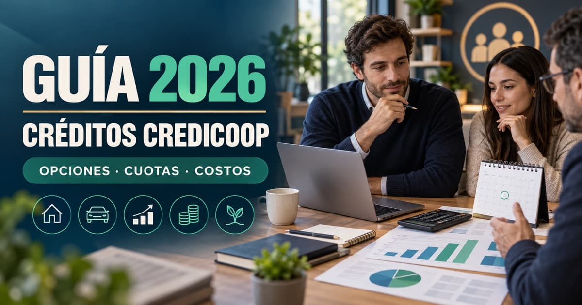 Cliente compara crédito cooperativo con calculadora, calendario, gráfico de cuotas y documentos.
