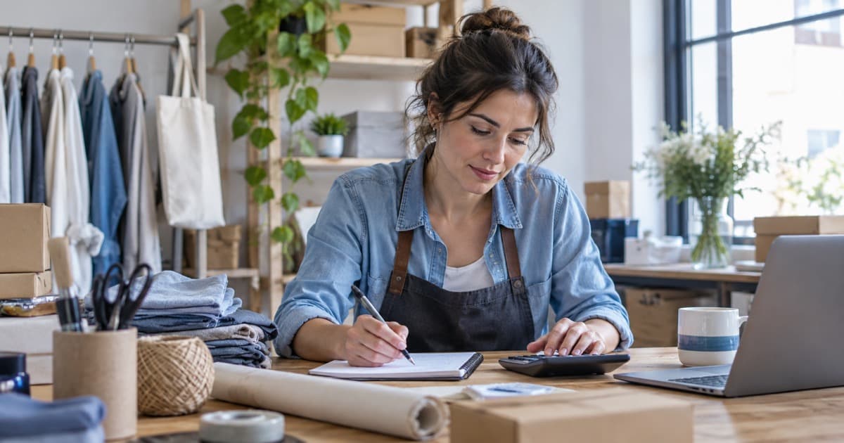 Emprendedora argentina revisando las finanzas de su pequeño negocio en una mesa de trabajo