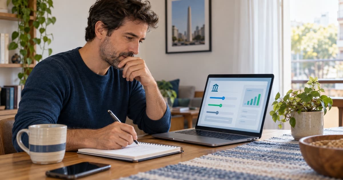 Cliente simulando un préstamo de Banco Bica desde una notebook y comparando cuota y costo total