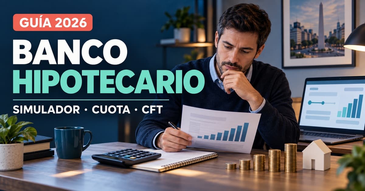Persona compara una cuota de Banco Hipotecario con calculadora, calendario y gráfico financiero.