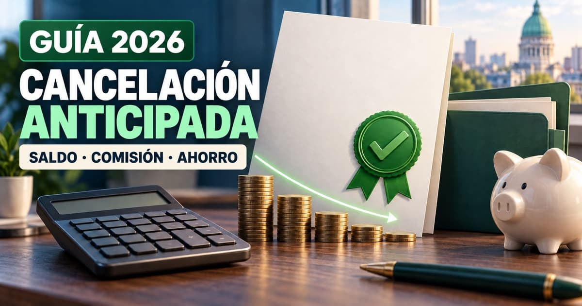 Contrato de préstamo, sello de cancelado y calculadora representan una precancelación bancaria.
