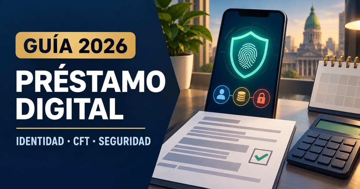 Celular seguro, escudo, contrato y calculadora ilustran el proceso de solicitar y validar un préstamo digital.