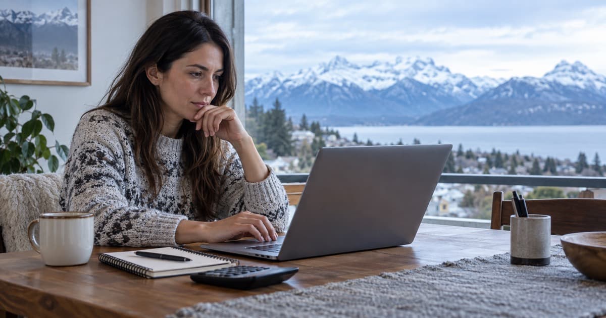 Cliente calculando cuotas de un préstamo digital en una notebook desde una vivienda patagónica