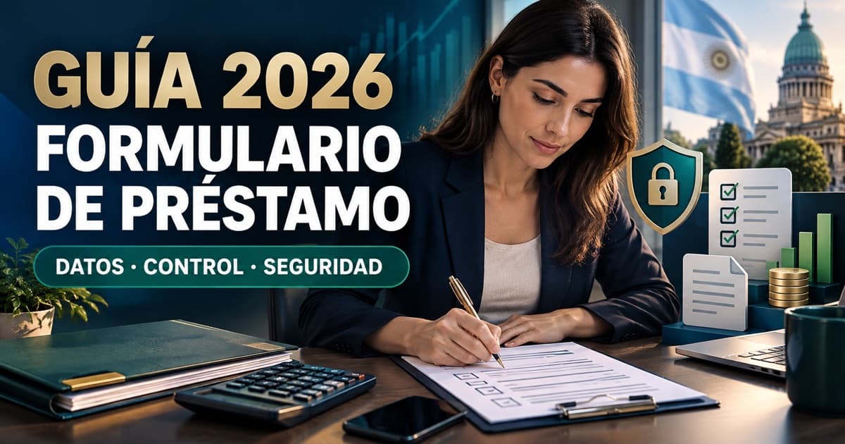 Persona completa un formulario de préstamo seguro con checklist, escudo, calculadora y carpeta.
