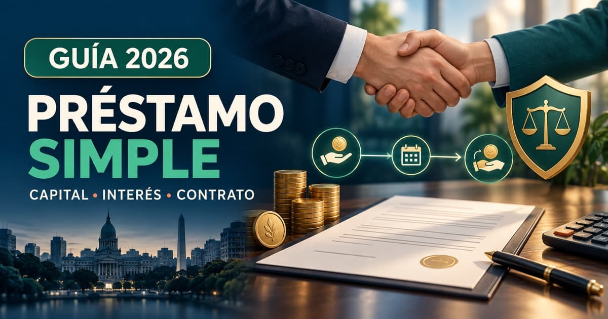 Contrato, calculadora y línea temporal muestran capital, interés y devolución de un préstamo simple.