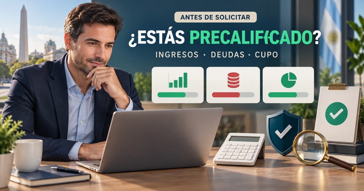 Celular con oferta crediticia abstracta junto a medidor de perfil, calculadora y lista de validaciones