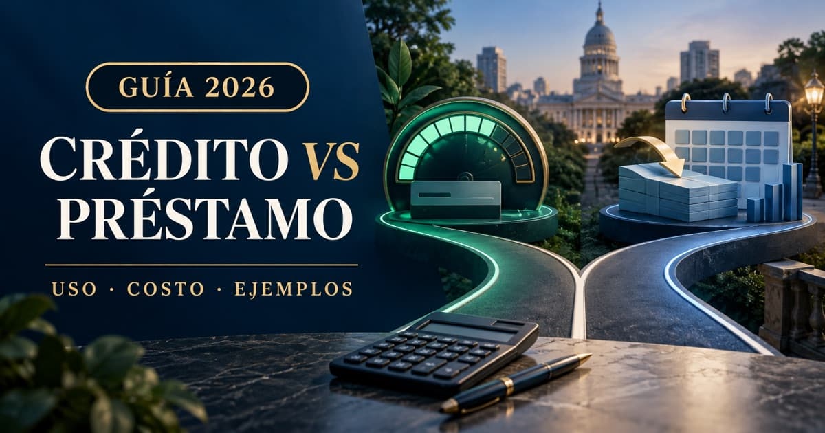 Dos caminos financieros comparan crédito y préstamo con tarjeta genérica, calculadora y cronogramas.