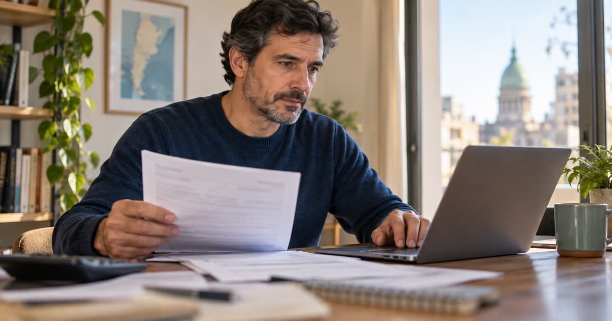 Persona revisa documentos de un antiguo préstamo Luquitas y una consulta de deuda del BCRA