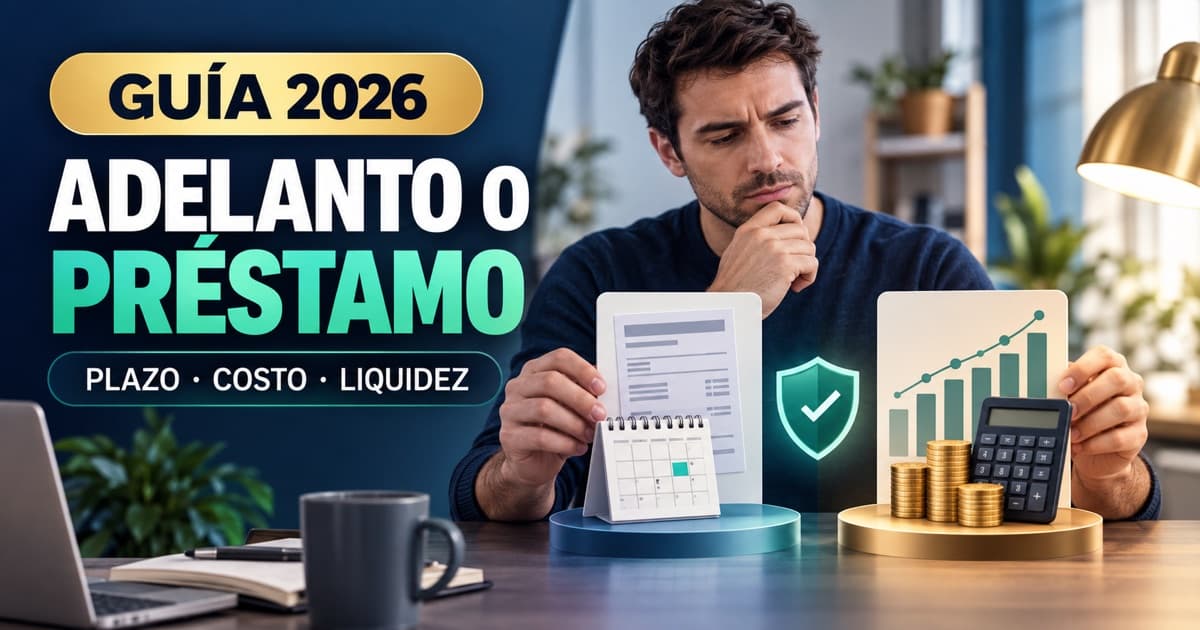 Trabajador compara adelanto y préstamo con calendario, recibo abstracto, calculadora y gráfico.