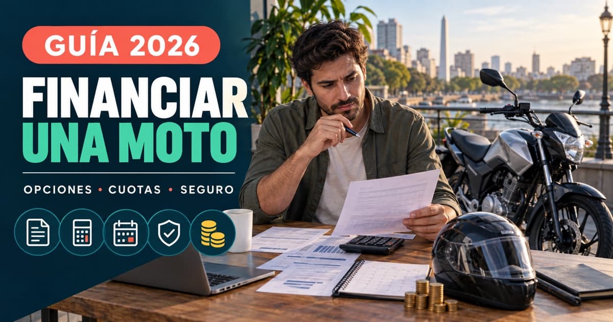 Comprador compara financiación de una moto con casco, calculadora, cuotas y escudo de seguro.