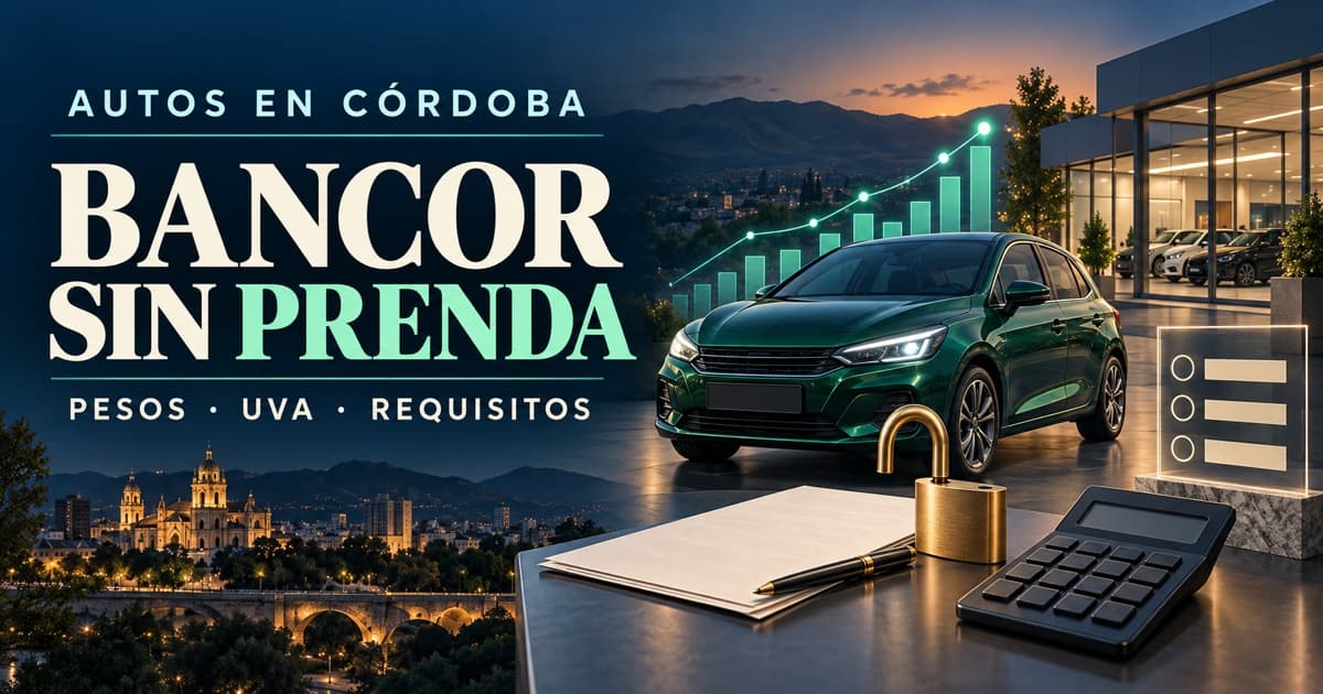 Auto genérico junto a contrato sin prenda, calculadora, gráfico UVA y lista de requisitos Bancor