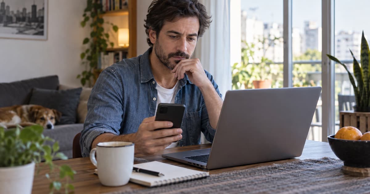 Persona comparando una oferta de préstamo digital desde su celular y una computadora portátil
