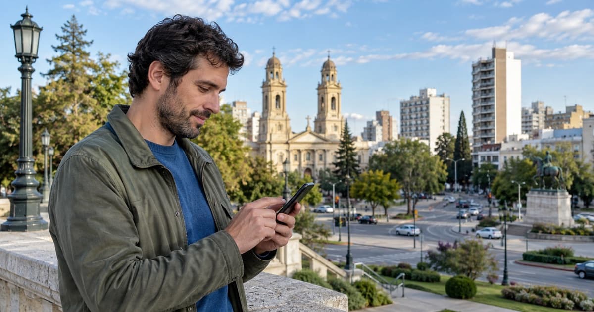 Persona comparando una oferta de préstamo en un entorno urbano de Bahía Blanca