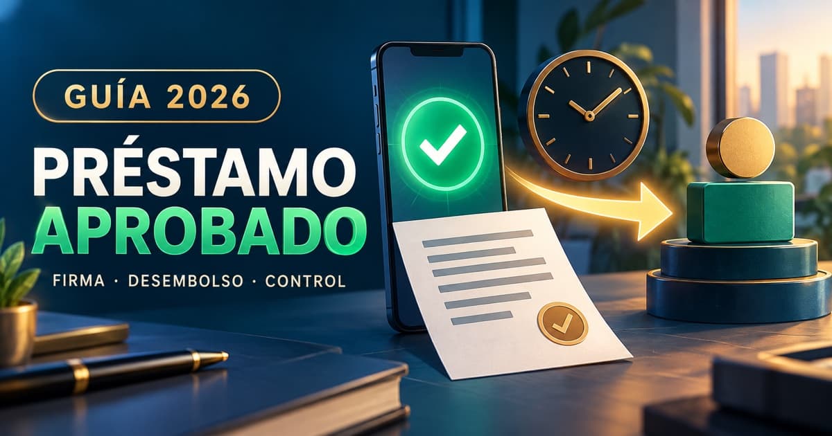 Celular, sello de verificación, reloj y cuenta bancaria ilustran la acreditación de un préstamo aprobado.