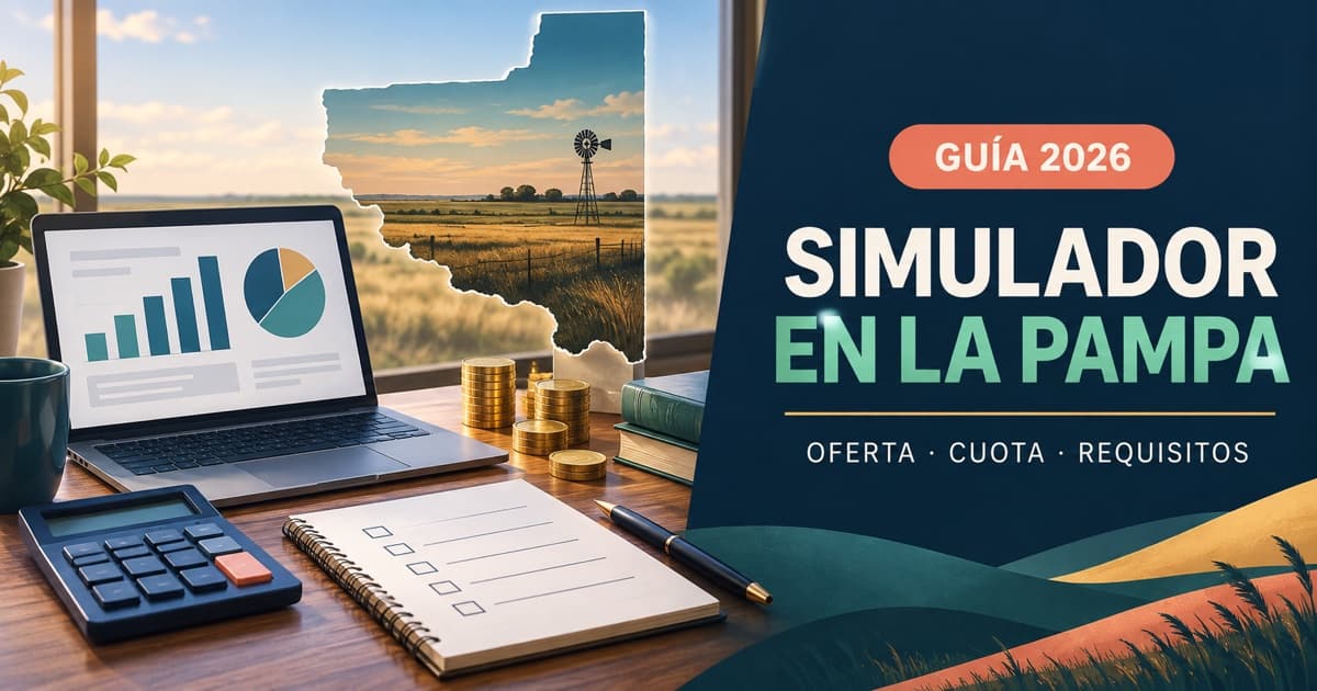 Mapa abstracto de La Pampa, notebook y calculadora acompañan la simulación de un préstamo bancario.