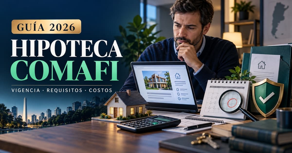 Persona verifica una hipoteca Comafi con maqueta de casa, carpeta de requisitos, calculadora y calendario.