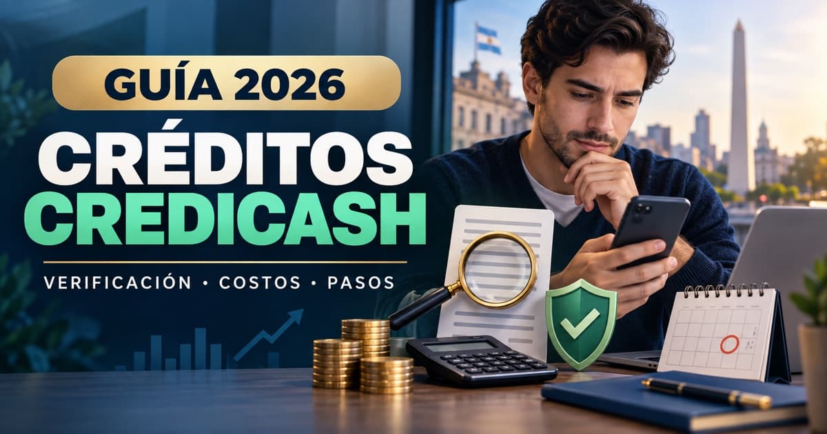 Persona verifica una oferta Credicash con lupa, celular, contrato, calculadora y escudo digital.