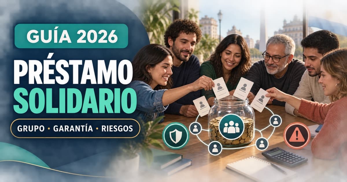 Grupo analiza un fondo común, garantía solidaria, contrato, calculadora y señal de riesgo.