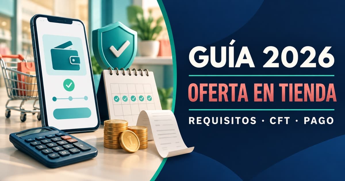 Celular, carrito, calendario y calculadora ilustran los requisitos y costos de un préstamo digital de tienda.