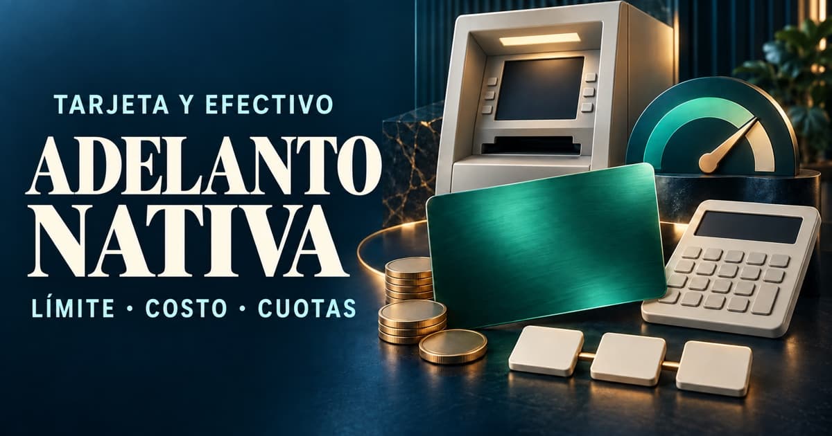Tarjeta genérica junto a cajero, calculadora y cronograma para evaluar un adelanto de efectivo Nativa