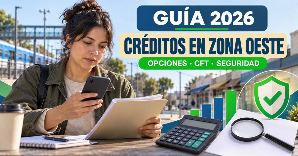 Persona del conurbano oeste compara préstamos, CFT y contratos con calculadora, celular y escudo de seguridad.