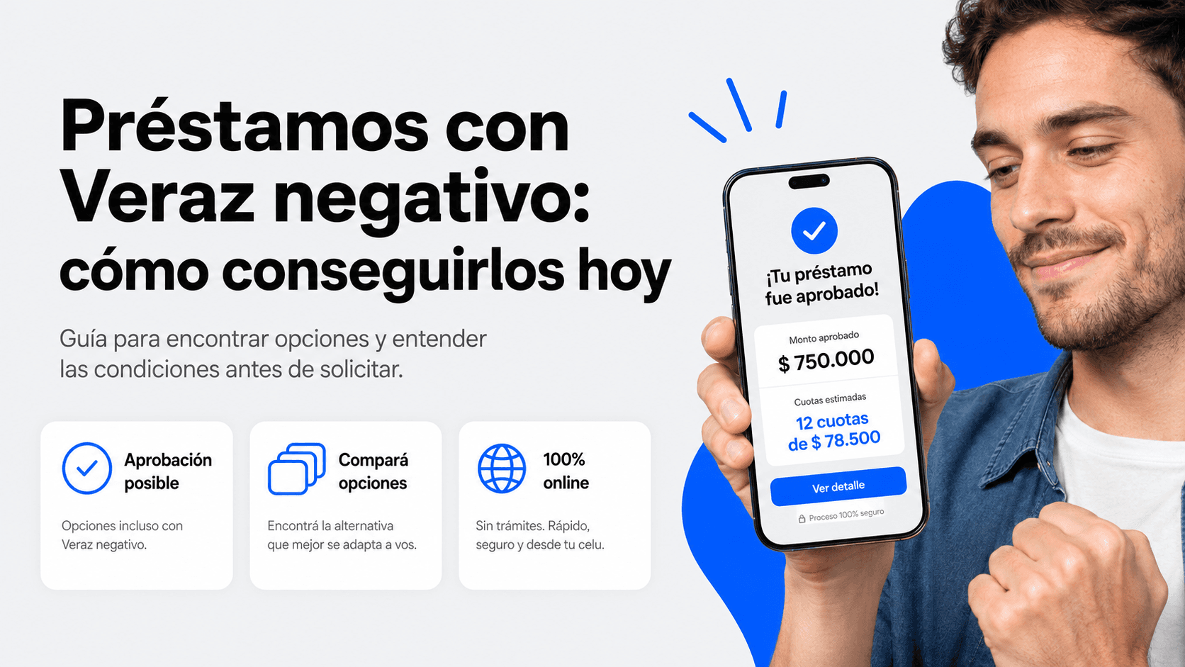 Persona joven mirando su celular aliviada al ver una oferta de préstamo personal con Veraz negativo aprobada