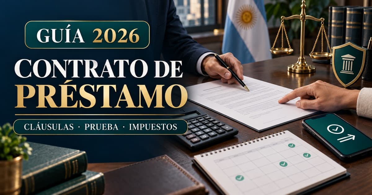 Partes revisan contrato de préstamo, calendario, comprobante, calculadora, balanza y escudo.
