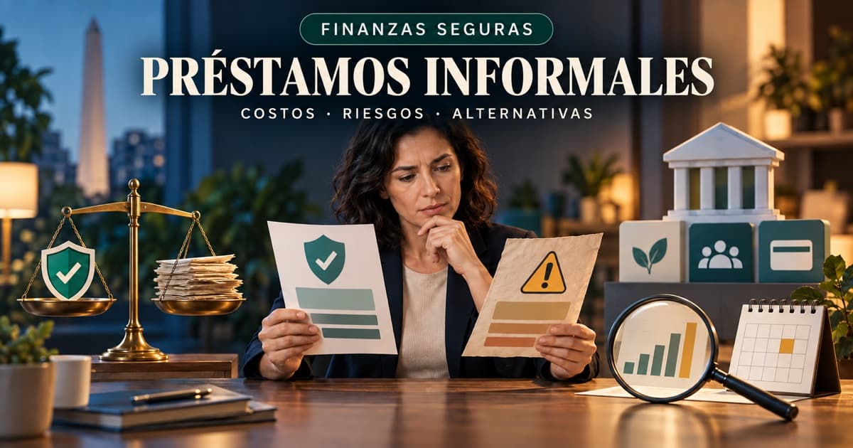Contrato de préstamo informal evaluado con lupa, calendario de cobro, escudo y señal de alerta
